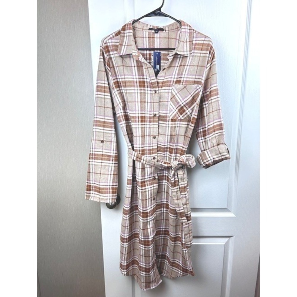 Adrienne Vittadini Womens XL Plaid Shirt Dress Tan Brown Pink Belted Roll Tab